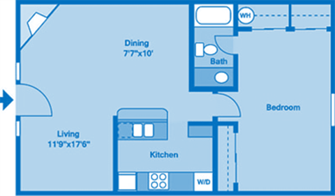 Floor plan for 1 bed, 1 bath, 684 sqft